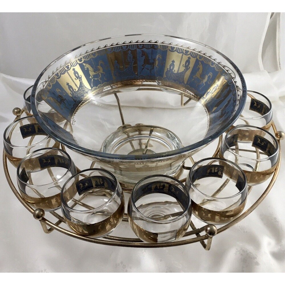 Rare Mid Century Colony Punch Bowl Set blue & gold 12 glasses & rotating Stand
